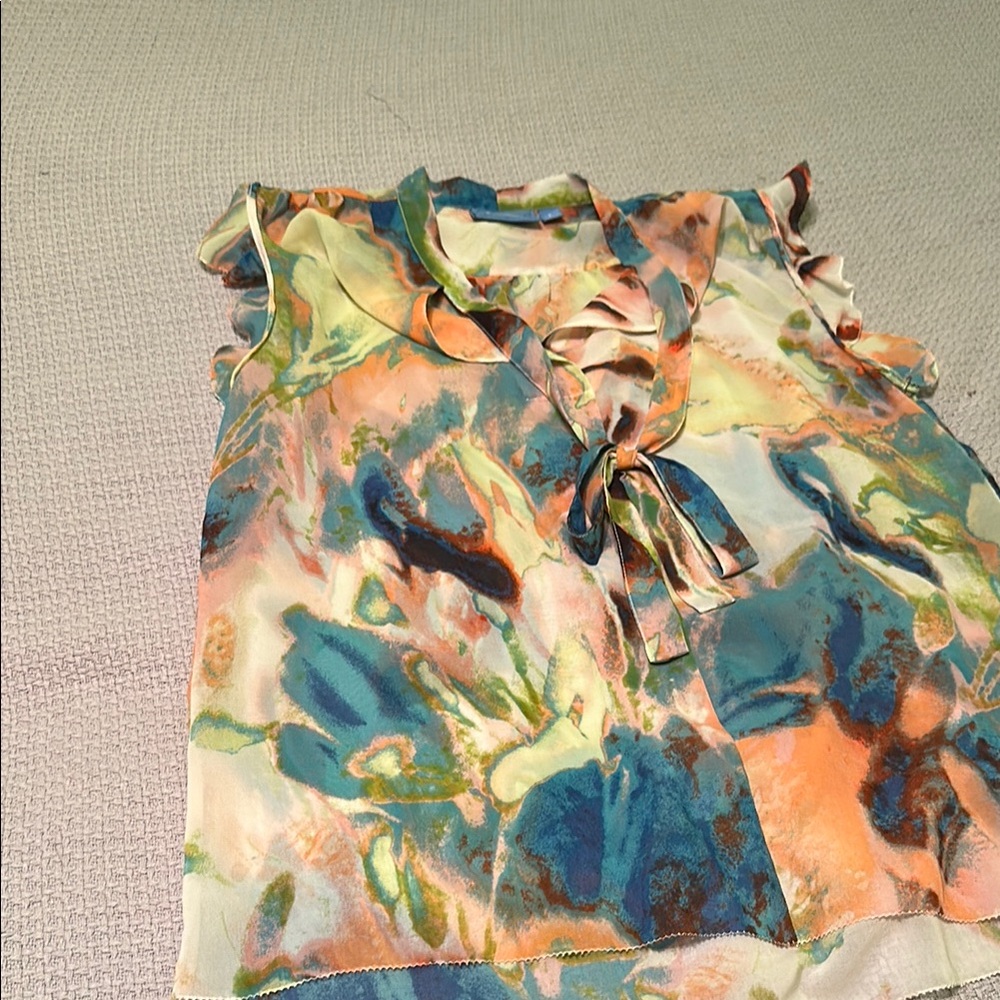 Simply Vera Vera Wang Green and Orange Sleeveless Ruffled Blouse - Picture 3 of 3